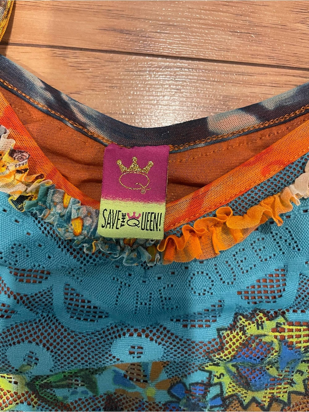 Save The Queen Y2K Turquoise Floral Mesh sleeveless Cami with Orange Trim medium - Picture 9 of 11